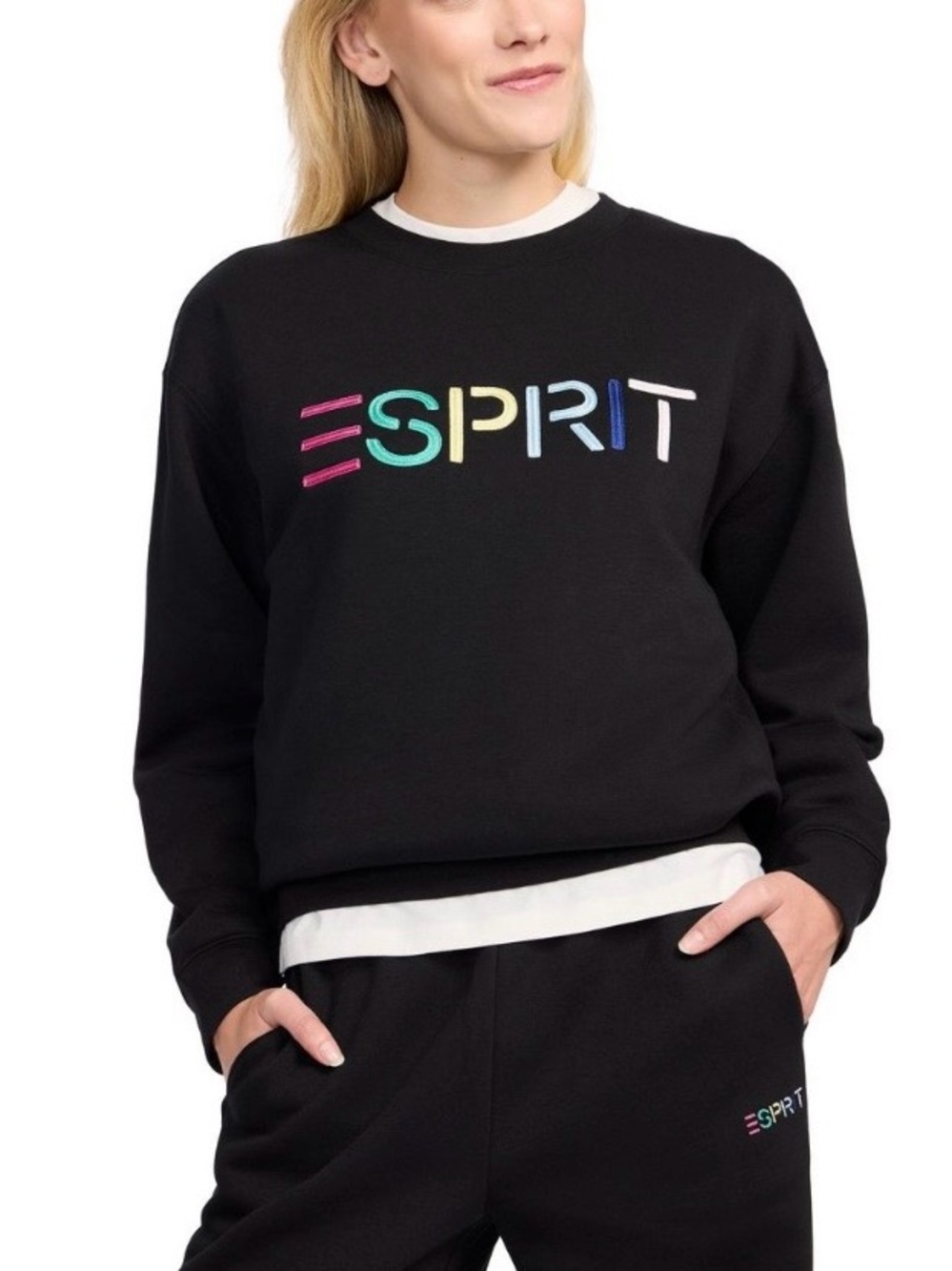 Esprit Embroidered Logo Women’s Sweatsuit (2 pc) High-Waisted, Wide Leg - Black